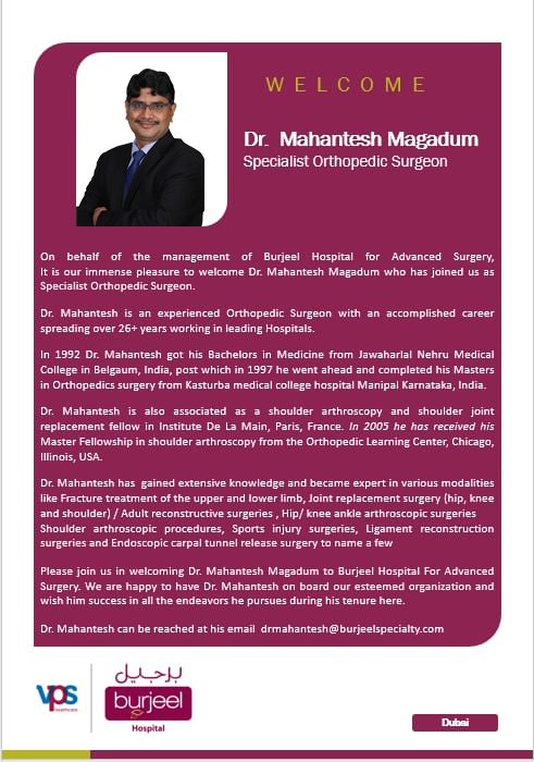 Dr Mahantesh Magadum, Orthopedic Surgeon, Sports Injury Doctor at Burjeel Hospital Dubai